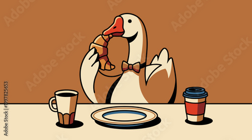 Whimsical Goose Enjoys Croissant and Coffee at a Table.