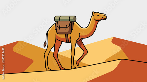Camel walking across sand dunes in the desert with a saddlebag.