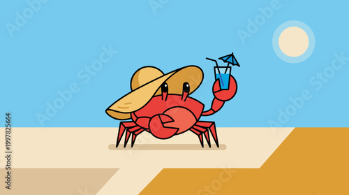 Cute cartoon crab wearing a sun hat and holding a refreshing drink on a sunny beach.