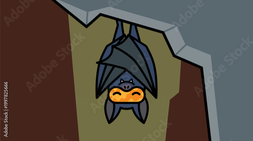 Cute cartoon bat hanging upside down from a cave ceiling.