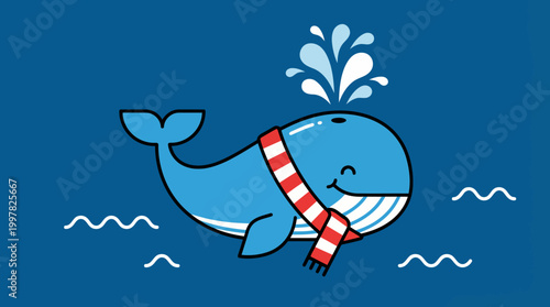 Cute cartoon blue whale wearing a scarf spraying water.
