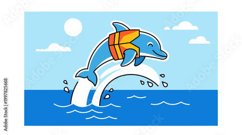 Joyful cartoon dolphin wearing a life jacket jumping out of the ocean waves.