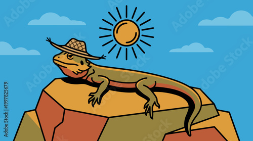 Bearded dragon wearing a cowboy hat basking in the sun on a rock.