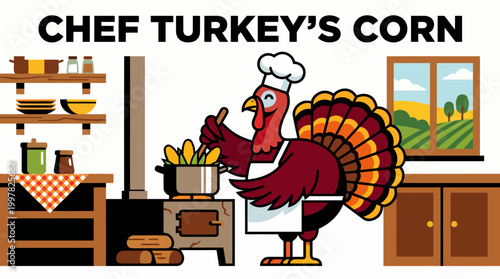 Cartoon Chef Turkey Cooking Corn on the Cob in a Kitchen.