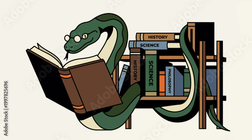 Green Snake Wearing Glasses Reading a Book Next to a Bookshelf.