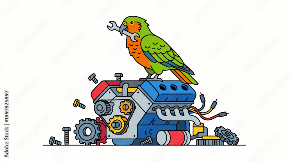 Fototapeta premium Parrot Mechanic Sitting on Engine Holding Wrench.