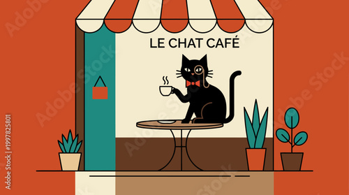 Charming Black Cat Enjoys Coffee at Le Chat Cafe with Plants.