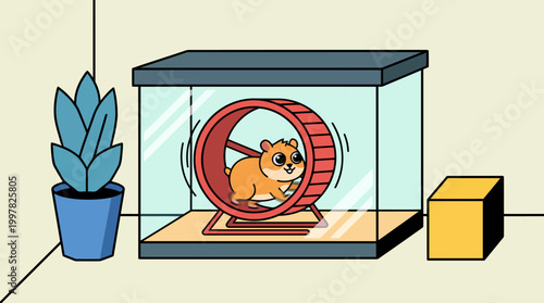 Cute hamster running on a wheel inside a glass tank with a plant and block.