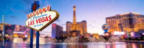 Welcome to Fabulous Las Vegas Sign. Logo Removed. The beautiful Sunset sky in the background. Las Vegas, Nevada, USA 03/03/2026