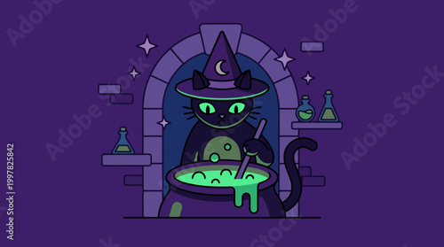 Spooky Black Cat Witch Brewing Potion in Cauldron with Magical Glow.
