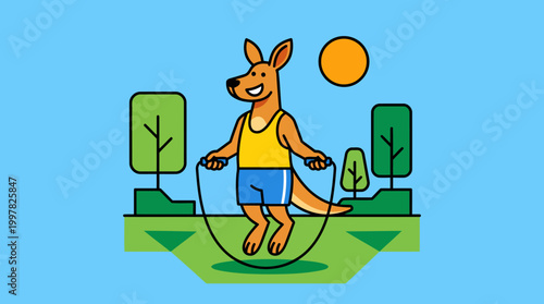 Happy Kangaroo Exercising Outdoors with Jump Rope.
