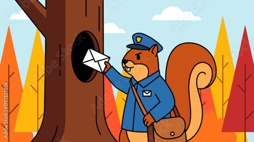 Cute squirrel in a mail carrier uniform delivering a letter into a tree hollow.