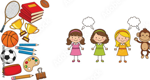 School items and kids thinking characters illustration set, education, sports and creativity themed vector collection design