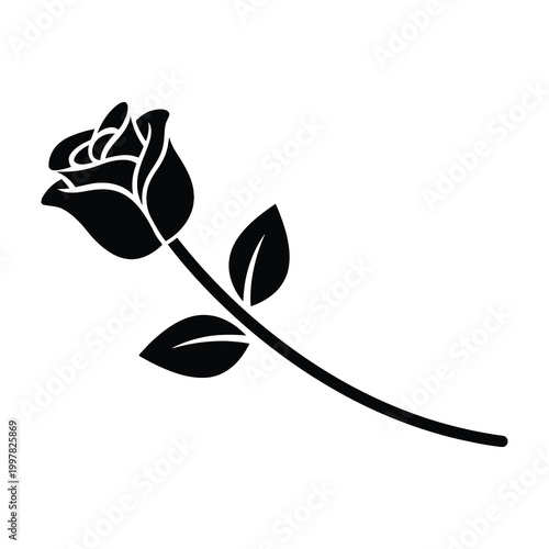 Black rose silhouette with stem and leaves isolated on white background
