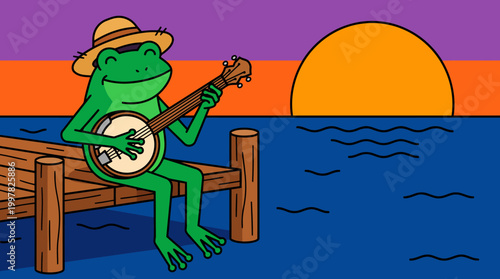 Frog Playing Banjo on Dock at Sunset.