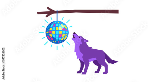 Purple wolf howling at a disco ball hanging from a branch.