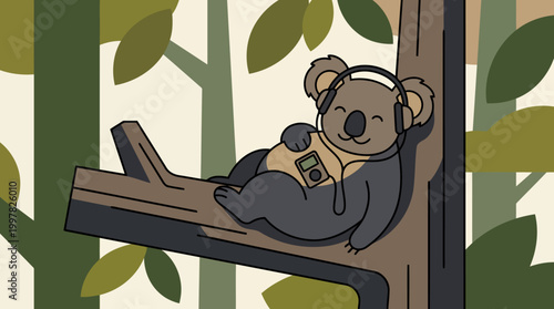 Cute cartoon koala wearing headphones relaxing on a tree branch in a forest.