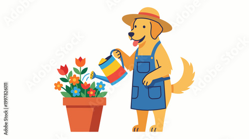Golden Retriever Dog Wearing Overalls and Hat Watering Flowers in a Pot.