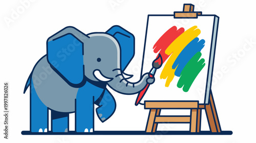 Cute cartoon elephant artist painting a rainbow on a canvas.