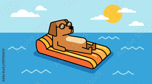 Cartoon dog relaxing on inflatable raft in the ocean under the sun.