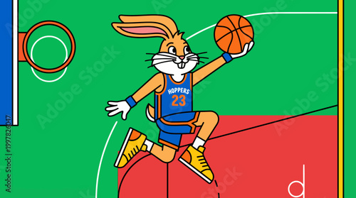 Cartoon Rabbit Character Playing Basketball and Dunking a Ball.