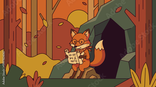 Clever Fox Reading a Book in a Cozy Forest Den During Autumn.