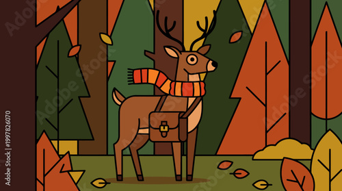 Cute cartoon deer wearing a scarf and satchel in an autumn forest.