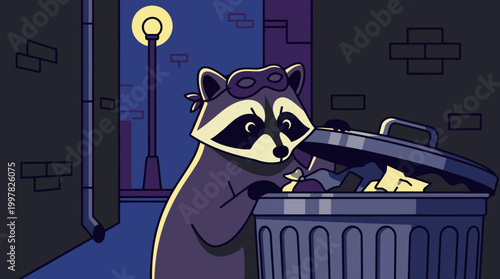 Cartoon Raccoon Wearing Mask Searching Through Trash Can at Night.