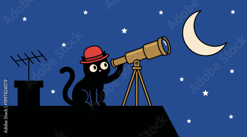 Black cat wearing a hat looks through a telescope at the night sky.