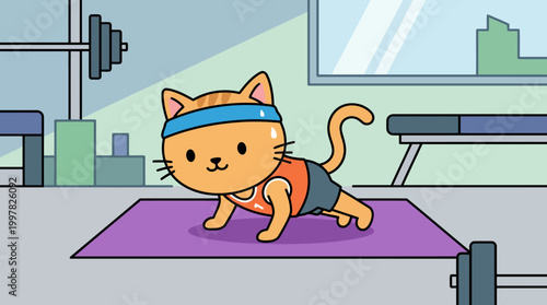 Cute cartoon cat doing a plank exercise on a yoga mat in a gym.