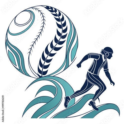 surfer riding wave with giant baseball vector illustration