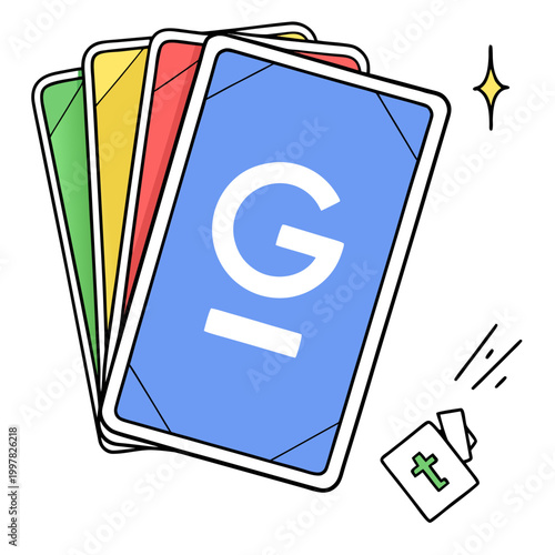 Stack of colorful playing cards with a blue card featuring a white letter G vector illustration
