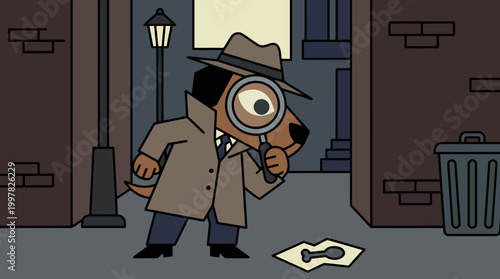 Cartoon dog detective with magnifying glass investigating a clue on the street at night.