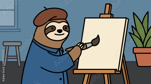 Cute cartoon sloth artist wearing a beret and smock painting on a canvas easel.