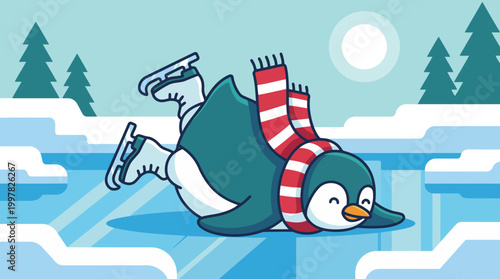 Cute cartoon penguin falling on ice while ice skating wearing a scarf.