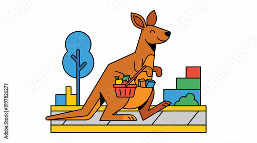 Cartoon Kangaroo Carrying Groceries in a Shopping Basket.