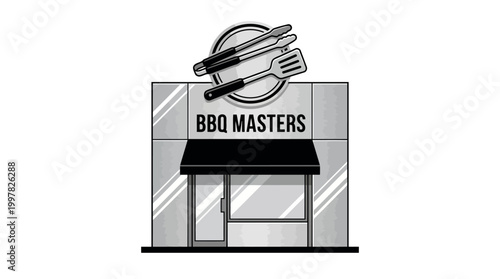 BBQ Masters Restaurant Building Facade with Tongs and Spatula Icon.