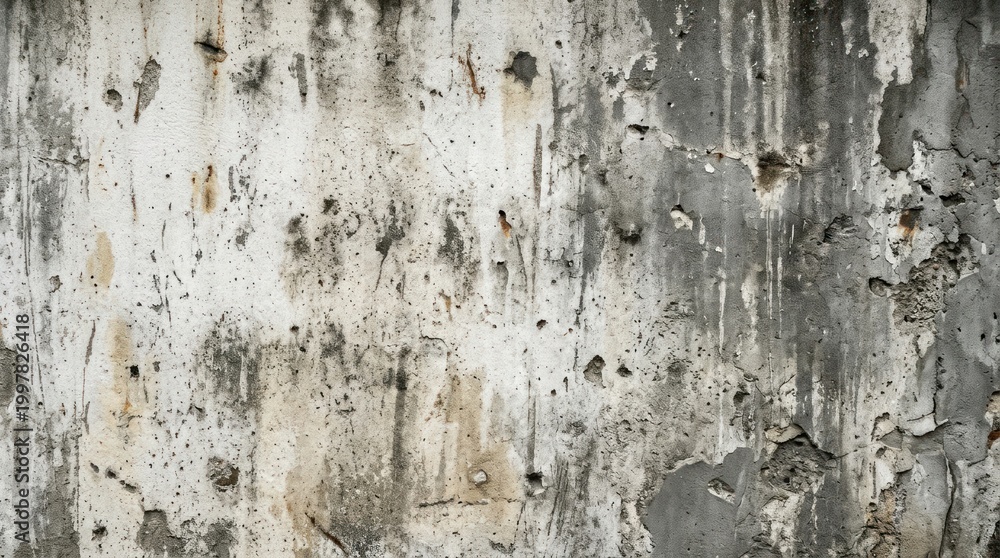 Fototapeta premium A weathered concrete wall displays extensive damage, including deep cracks, holes, and peeling paint.