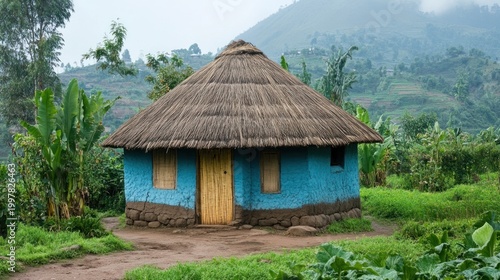 Traditional African hut, rural landscape, mountain backdrop, agricultural fields