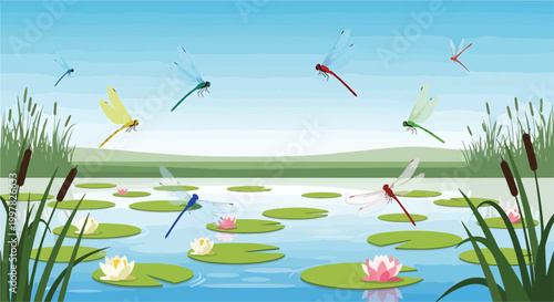 Cuadro en lienzo A serene pond scene with dragonflies, lily pads, and flowers