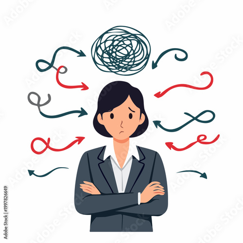 混乱してパニックになるビジネスウーマンのシンプルイラスト