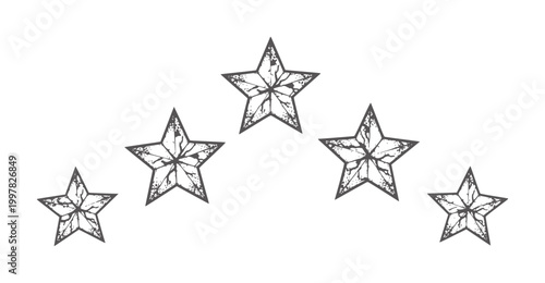 Five hand drawn grey stars arranged in a curve