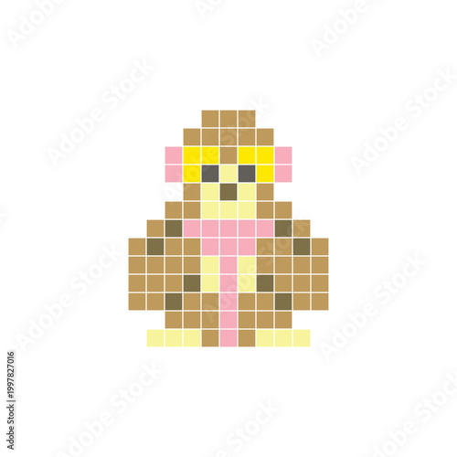 A flat pixel design made of geometric square color blocks on a clean icon layout. Pixel art gibbon