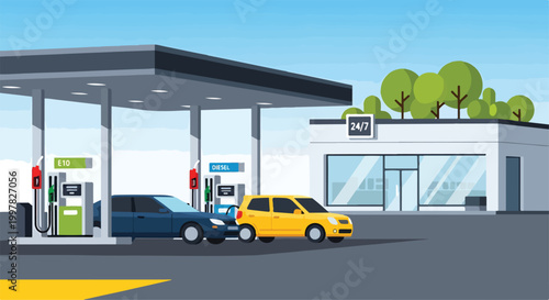 Schilderij op canvas A gas station with two cars refueling