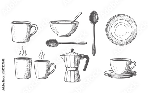 Hand drawn of coffee cups a moka pot and cutlery steam bowl