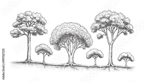 Ink of diverse trees with exposed roots textured ground nature