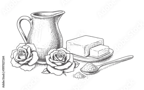 Of a pitcher with roses butter and spoon of granular sugar