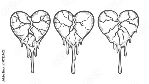 Three dripping broken heart with cracks and shading melt