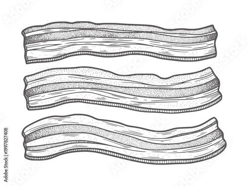 Three strips of raw bacon with distinct fat and meat layers