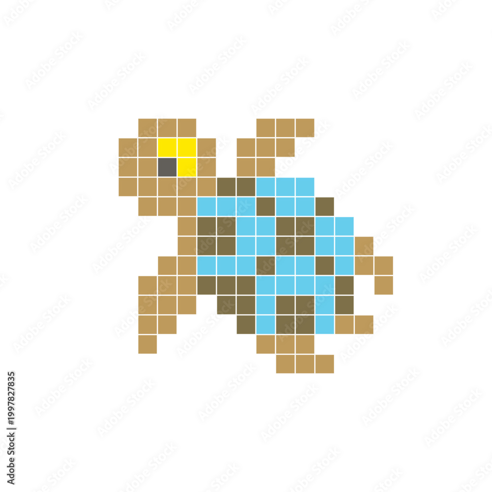 Obraz premium A flat pixel design made of geometric square color blocks on a clean icon layout. Pixel art turtle
